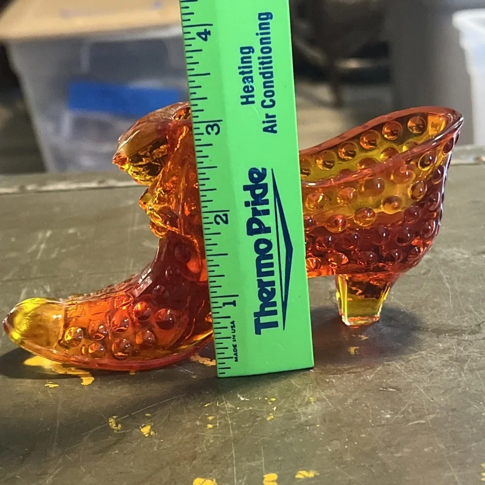 FENTON ART GLASS HOBNAIL AMBERINA SHOE SLIPPER WITH PANTHER/CAT 3